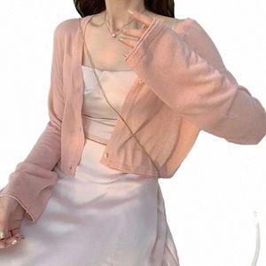 Croped Cardigan Women Summer Solid Simple Vintage Streetwear All-Match Soft Korean Style Sol-Proof Thin Chic Youth Tender Ins S1MW#