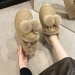 Casual Shoes Snow Boots Winter Women's Warm Plush Thick Soled Round Head Furry Ball Set Feet Waterproof Slip-On Cotton