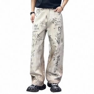 Hip Pop Style Baggy Jeans Wide Leg Hosen Lässige Graffiti Herren Lösen Jeans Fi Denim Kleidung S2aG #