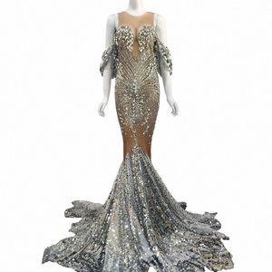 Fling Sier Rhinestes Sequined Floor Length Dr Women Birthday Prom Celebrate Outfit Evening Women LG Big Tail Dr I0S9#