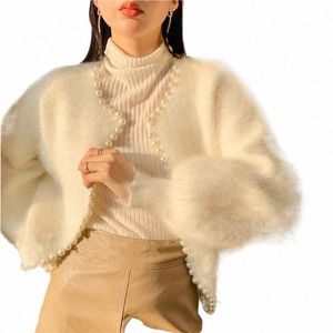 Sweet Lantern Sleeve Mink CMERE Sweater Sticked Cardigan Korean Beads 2021 Ny kausal stickad öppen söm P3ZL#