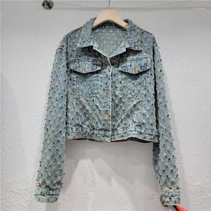 Jaquetas femininas indústria pesada contas coloridas diamante denim jaqueta primavera outono 2024 solto emagrecimento all-matching jean casacos topo