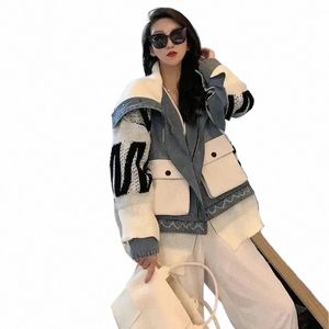 women Knit Spliced Denim Coat Fall Winter Sailor Collar Zipper Jeans Sweater Stitching Jacket Cardigan Pockets Streetwear Tops Q1dd#