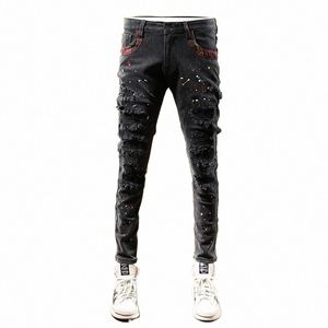 ricamato nuovo stile buco nero patch stampa abbellimento modello bel jeans uomo Jeans strappati O4Gk #