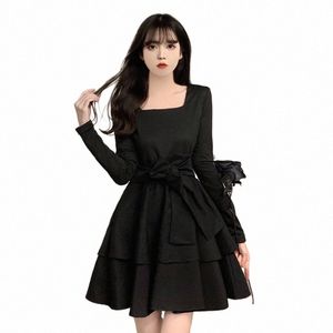 Весенняя новинка, маленькое черное платье на шнуровке Dr, женское винтажное платье с квадратным вырезом и рукавами Lg, мини-готовая одежда, женское платье 2022 года r5jS #