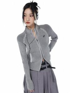 deeptown Vintage Knit Zip-up Cardigan Women Y2k Korean Fi Embroidery Stand Collar Slim Ribbed Sweater Autumn Streetwear d79l#