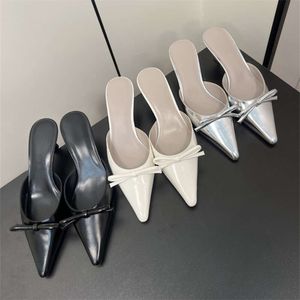 Pointed Bow Decoration Half Slim Heels Leather Sandals Women's Trend