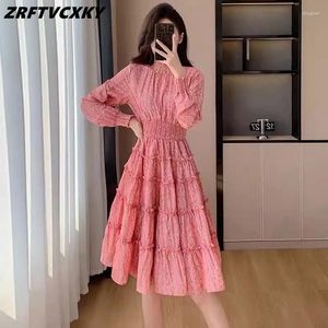 Casual Dresses 2024 Spring Stand Collar Diamond Pleated Cake Dress For Women Flower Printing Ruffles A-Line Vacation Clothing