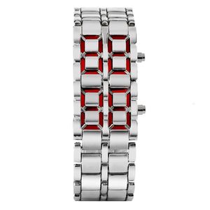 Fashion Black Silver Full Metal Digital Lava Wrist Watch Men Red Blue LED Display Men's Watches Gifts for Male Boy Sport Crea305L