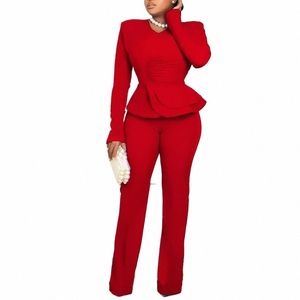 plus Size Winter Fi Solid Two Piece Set Women Sexy V-neck Lg Sleeve Ruffle Top and Pants Elegant Commuter Two Piece Set G2K8#