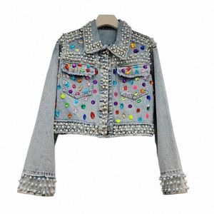 heavy Work Beading Diamds Denim Jacket Women Loose Short Cowboy Outerwear Vintage Blue Frayed Big Pocket Jeans Jacket Female q7E2#