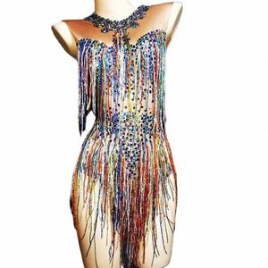 sparkling Colored Rhinestes Fringes Women Bodysuits Nightclub Pile Dancing Costumes Singer Dancer Performance Stage Wear o0B4#