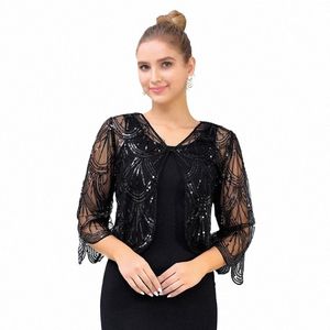 Mulheres Lantejoulas Hollow Lace Lg Manga Xale e Wraps Shrug Bolero Open Frt Cardigan Jacket Nupcial Wedding Wraps Cover Up U2qk #