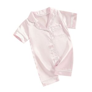 Bebê menino meninas cetim seda pijamas macacão botão para baixo manga curta sólido pjs macacão infantil sleepwears 240325