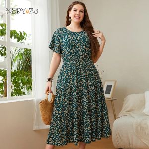 Vestidos keby zj tamanho grande roupas femininas vestido de verão oneck floral impressão midi vestidos urbano elegante casual senhoras plus size vestido longo