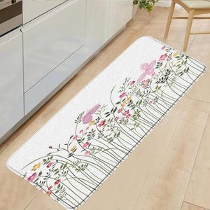 Bath Mats Plants Flowers Kitchen Mat Pink Floral Green Leaves Printing Home Decor Doormat Bathroom Flannel Anti-Slip Floor Rug Foot Carpet