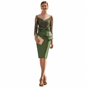 Verde oliva 3/4 mangas rendas mãe da noiva dres 2024 festa de casamento curto convidado vestido na altura do joelho frisado robe de soiree w6ql #