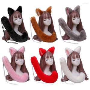 Party Supplies Japanese Anime Halloween Cosplay Costume Set Solid Color Faux Fur Kitten Wolf Ears Headband With Plush Animal Long Tail