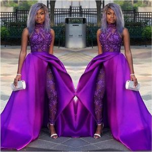 2020 LACE Appliqued Bead aftonklänningar Luxury African Party Women Pant Suits Classic Jumpsuits Prom -klänningar med avtagbart tåg 291L