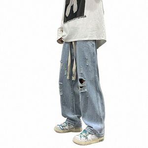 foufurieux män jeans rippade byxor stilig design dragsko high street casual rak fi harjuku baggy all-match z20u#