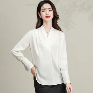 Office Lady Elegant Shirts Women White Glossy Silk Tops With Chic Embroidery Cuff Patchwork Design Shirt Han Style Look 240322