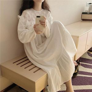 Women's Sleepwear Korea Style Sweet Nightdress Women Elegant Long Sleeve Vintage Nightgowns Spring Nightie Solid Dresses