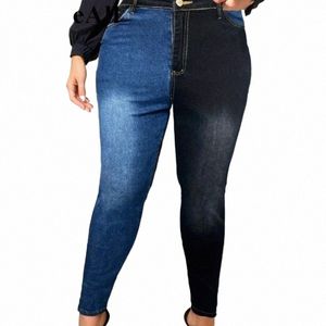 Kvinnors plus storlek retro jeans, plus storlek färgblock skarvad rumpa medium stretch mager jeans p5bx#