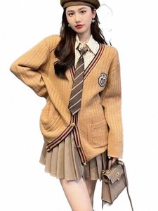 Japan School Uniform Women Winter Korea Stripe Knitting Cardigan kjol Set V-hals LG Sleeve Coat School Cosplay Girl Uniform J0cx#