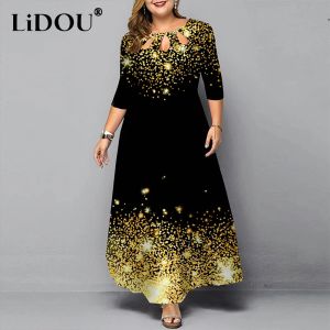 Dresses Autumn Winter New Plus Size Print Gold Fashion Long Dress Women Three Quarter Sleeves Elegant Chic Oversized Wedding Party Dress