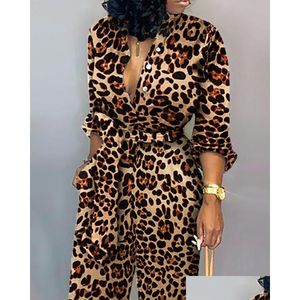 Tute da donna Pagliaccetti Donna Leopardata Vita legata Tuta a maniche lunghe Moda donna Tuta intera Casual Streetwear Xxxl Dr Dhjui