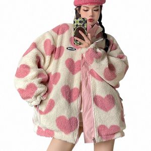 Doce desgaste em ambos os lados engrossado casacos de lã de cordeiro outono inverno coreano solto coração impressão jaquetas harajuku simples novas parkas topos f4D0 #