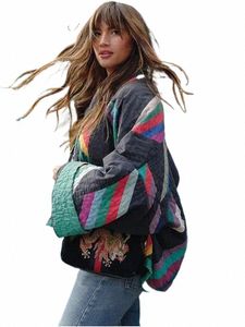 패치 워크 인쇄 느슨한 여성 코트 재킷 LG 플레어 슬리브 V- 넥 여성 코트 2023 가을 겨울 우아한 거리 레이디 재킷 7803#