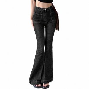 Vintage Fi Flare Hosen Frauen Taschen Design Schlanke Elegante Denim Jeans Weibliche Hohe Taille Koreanische Casual Hosen 2024 Neue Frühling 78gU #
