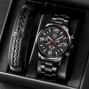 腕時計のトップメンステンレス鋼製クォーツ手首の時計男性ビジネスカレンダーデートウォッチマンレザーブレスレットラミナスクロックリロジ24329