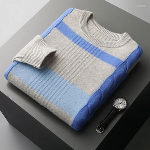 Herrtröjor Autumn/vinter merino ull förtjockad vriden kontrast tröja rund nacke pullover casual lös stickad stor jacka