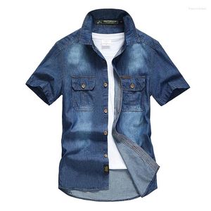 Camisas casuais masculinas verão retro denim algodão reto manga curta jean rua carga ao ar livre plus size azul camiseta