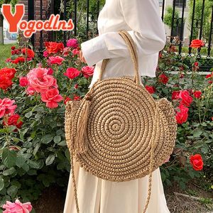 Yogodlns verão oco redondo saco de palha para mulheres praia estilo bohemia ombro viagem trançado tecido tote bolsa diária 240328