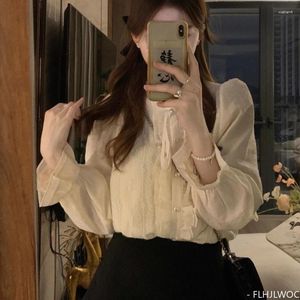 Kvinnor BLOUSES 2024 BOW TIE TOPS Women Korean Style Japan Design Långärmad elegant Office Lady Sweet Ribbon Sweet Basic Shirts