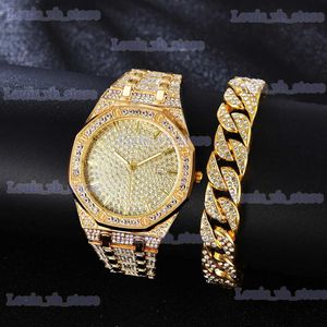 Diğer Saatler Lüks Buzlu Kadınlar İçin Bilezik Yeni Büyük Küba Zinciri Hip Hop Takı Seti Rhinestone Altın Erkekler Miami T240329