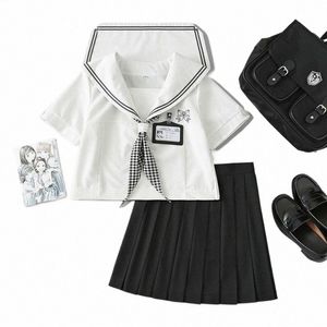 Japanische Mädchen JK Uniform Anzüge Lg/Kurzarm mit Schal Matrosenanzug Schwarz Faltenrock Sets Weibliche College-Stil Anzug e6pL #