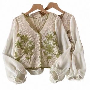 Spring Crochet Stick Cardigan för kvinnor V-Neck Puff LG Sleeve Brodery Floral Jacket Retro Butt Down Knitwear Coat 91pb#