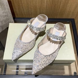 Designer Sandaler Slingback tofflor Crystal Flat Sandal Low Heel Silver Mesh With Crystals Sparkling Print sko Gummiläder Ankel Strap Women Slippers