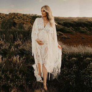 Boho Lace Maternity Pography Props Dresses Free Size Justerbar graviditet PO Shoot Bohemian Long Dress Sides Slit 240315