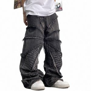 2023 cyber y2k streetwear preto baggy empilhados calças de brim roupas masculinas em linha reta solto punk velho denim calças pantales hombre v7op #