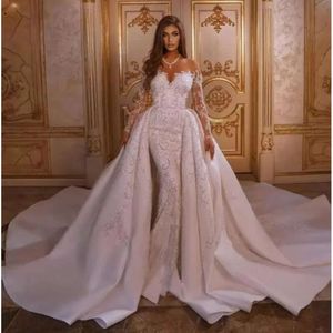 Sjöjungfrun bröllopsklänning med löstagbar kjol applicerad arabisk trumpet brudklänningar långa ärmar bohemisk mantel de soiree c g