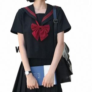 black Carto Japanese Sailor Uniform Basic Navy Suit Costume School Sets S-2XL Women Girl E7eW#