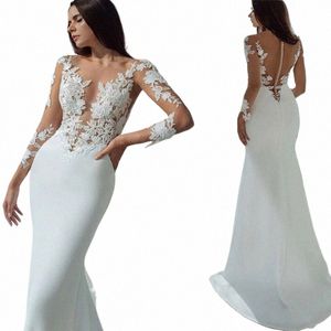 lg Sleeves Mermaid Wedding Dres White Sexy Illusi Neck Lace Appliques Elegant Bridal Dr Gowns Beach Vestidos De Noiva S6dM#