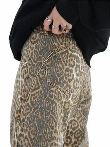 Baggy Leopard Print Jeans Kvinnor överdimensionerade casual höftpop rak bred benbyxor trend hög midja panther denim byxor damer l2uq#