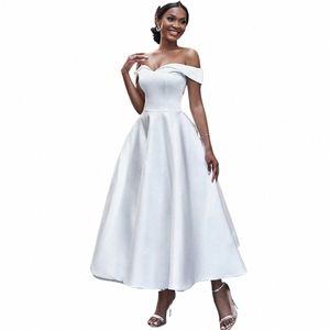 simple Satin Mid-Calf Wedding Dr Off the Shoulder Short Sleeve A-Line Backl Bridal Civil Marriage Gowns for Register c9WK#