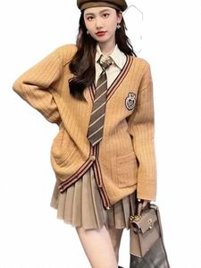 Косплей Пальто в полоску Школьная с v-образным вырезом Корея Япония Женщины Вязание для девочек Униформа с рукавами Кардиган Зимние комплекты Lg j33h #